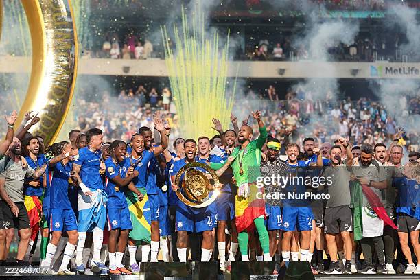 Reece James right-back of Chelsea and England lifts the trophy after winning with his team the FIFA Club World Cup 2025 final match between Chelsea...