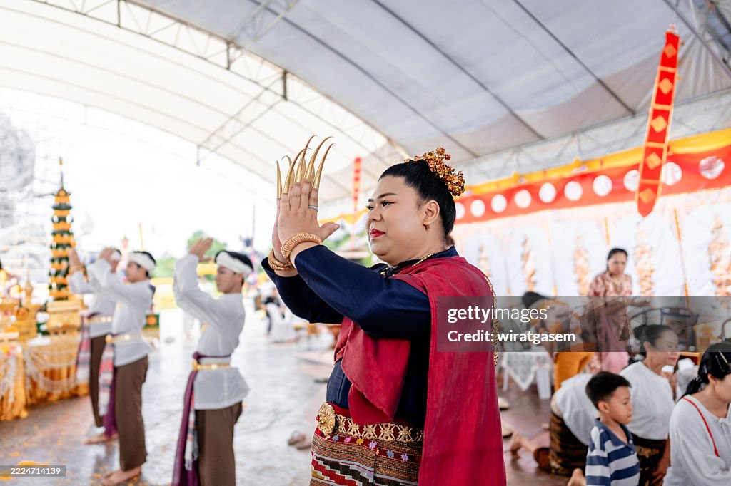 Thai dancers perform a dance performance at the Ananta Naga worship ceremony.