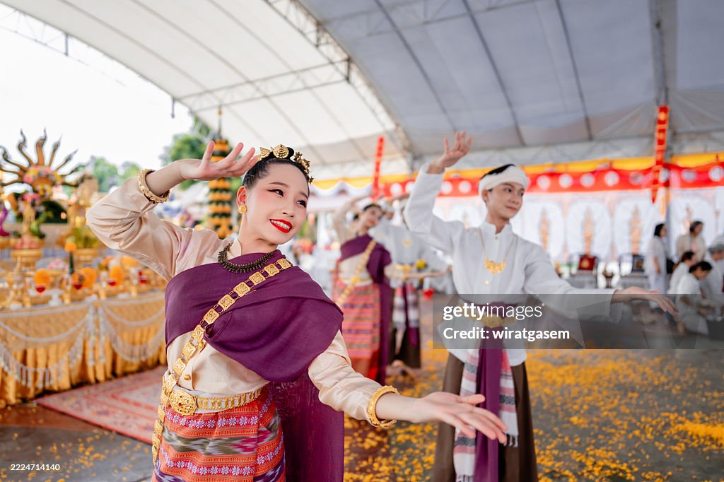 Thai dancers perform a dance performance at the Ananta Naga worship ceremony.