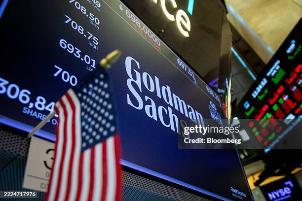 Goldman Sachs Group Inc. Signage on the floor of the New York Stock Exchange in New York, US, on Wednesday, July 16, 2025. Speculation about the fate...