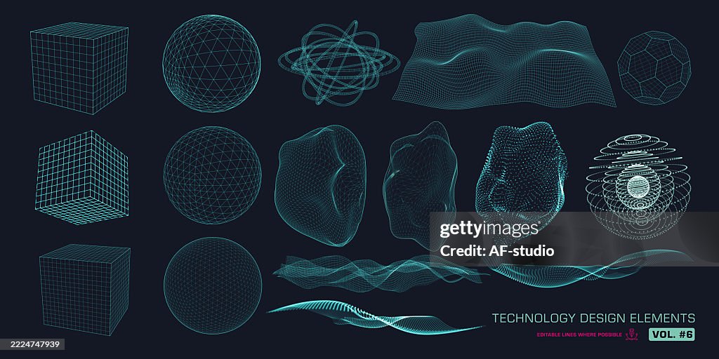 3d Tech Design Elements Abstract Digital Shapes And Data Waves Set High ...
