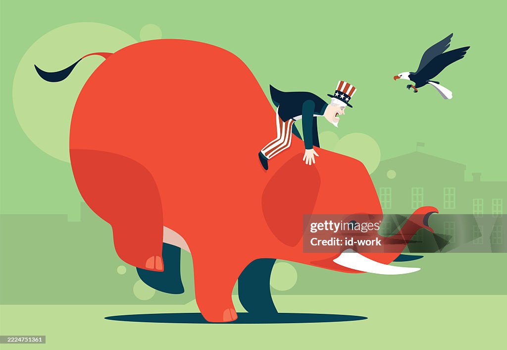 Uncle Sam riding red elephant