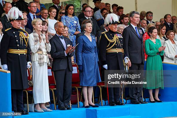 Guests, Sir Ken Olisa , Anne, Princess Royal , Major General James Maurice Hannan Bowder and Timothy Laurence take part in the Household Division...