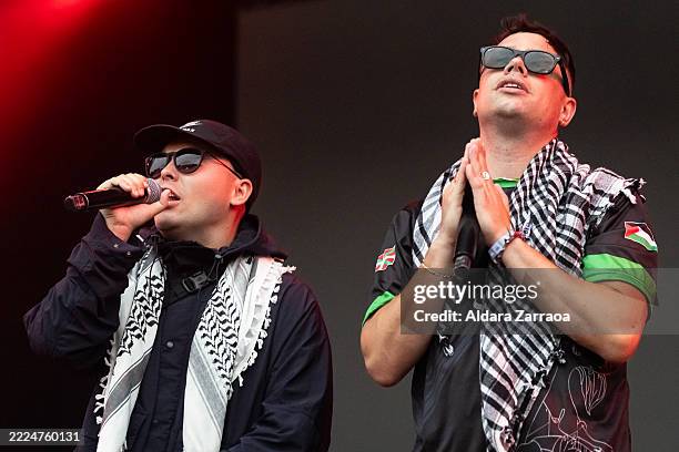 Moglai Bap and Mo Chara of Kneecap perform in concert during Bilbao BBK Live at Kobetamendi on July 11, 2025 in Bilbao, Spain.