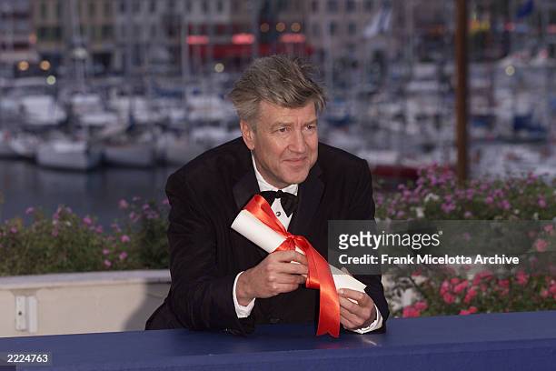 Director David Lynch, co-winner of the Best Director Award for his film 'Mulholland Drive' at the 54th Cannes Film Festival - Palme d'Or Award...