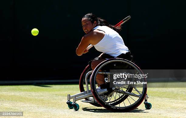Yui Kamiji of Japan plays a backhand against Ziying Wang of People’s Republic of China during the Ladies' Wheelchair Singles Final on day thirteen of...