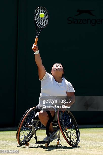 Ziying Wang of People’s Republic of China serves against Yui Kamiji of Japan following the Ladies' Wheelchair Singles Final on day thirteen of The...