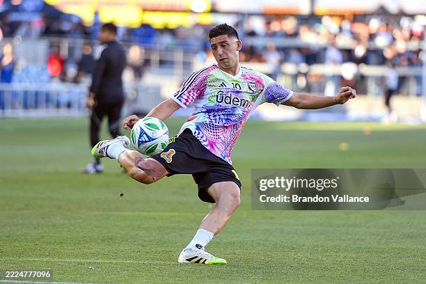 Cristian Espinoza of San Jose Earthquakes warms up prior to a game against FC Dallas at PayPal Park on July 16, 2025 in San Jose, California.