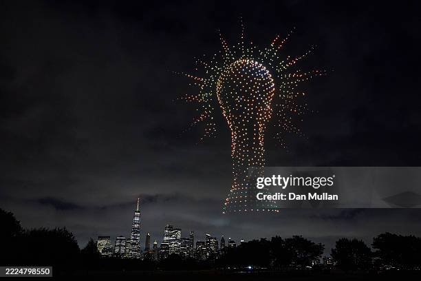 World Cup trophy visual is displayed against the Manhatten skyline by 1500 drones in a FIFA drone show ahead of the Club World Cup Final on July 11,...
