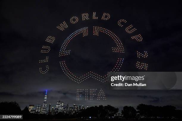 Club World Cup logo visual is displayed against the Manhatten skyline by 1500 drones in a FIFA drone show ahead of the Club World Cup Final on July...
