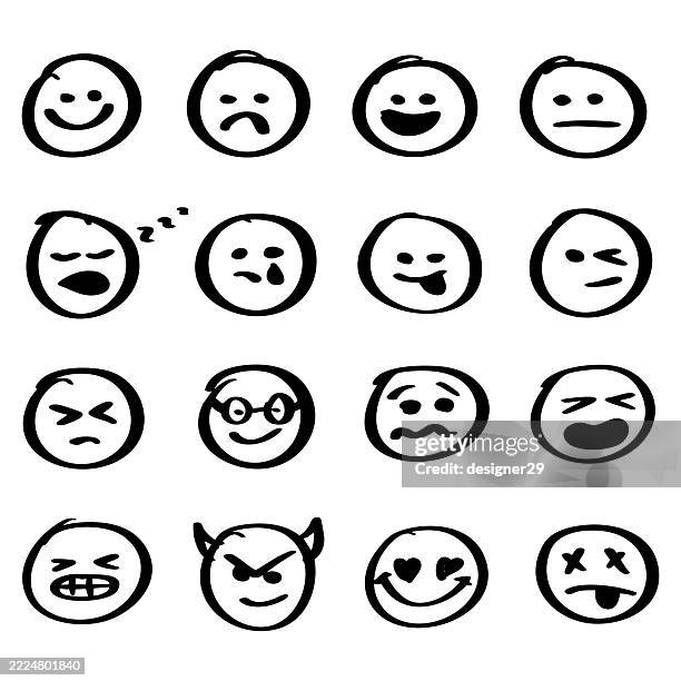 hand drawn emoticons vector set - anthropomorphic smiley face stock illustrations