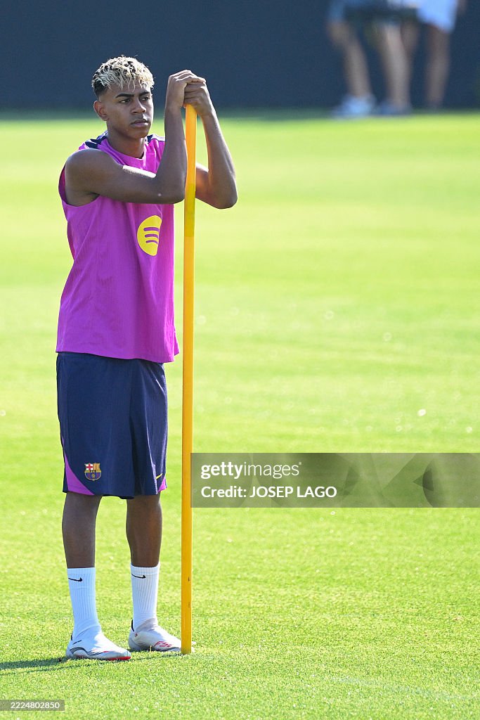 Barcelona s Spanish Forward Lamine Yamal Attends A Training Session barcelona-s-spanish-forward-lamine-yamal-attends-a-training-session