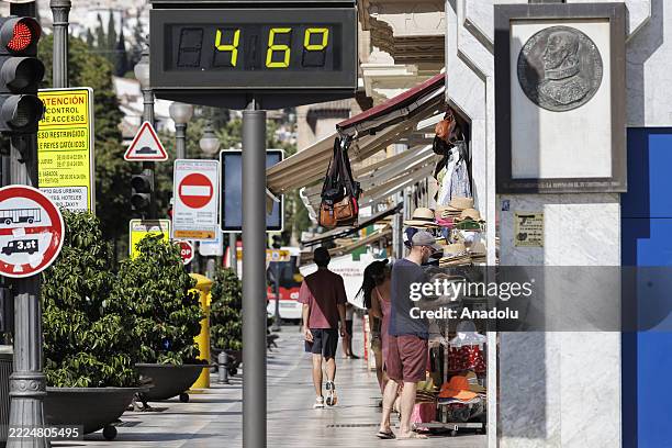 Street digital board shows temperature as 46 degrees Celsius in Granada, Spain on July 17, 2025. The southern Spanish city continues to experience...