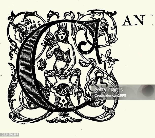 illustrations, cliparts, dessins animés et icônes de élément de design victorien, déesse couronnée, néo classique, lettre c, style 19ème siècle - lettre majuscule