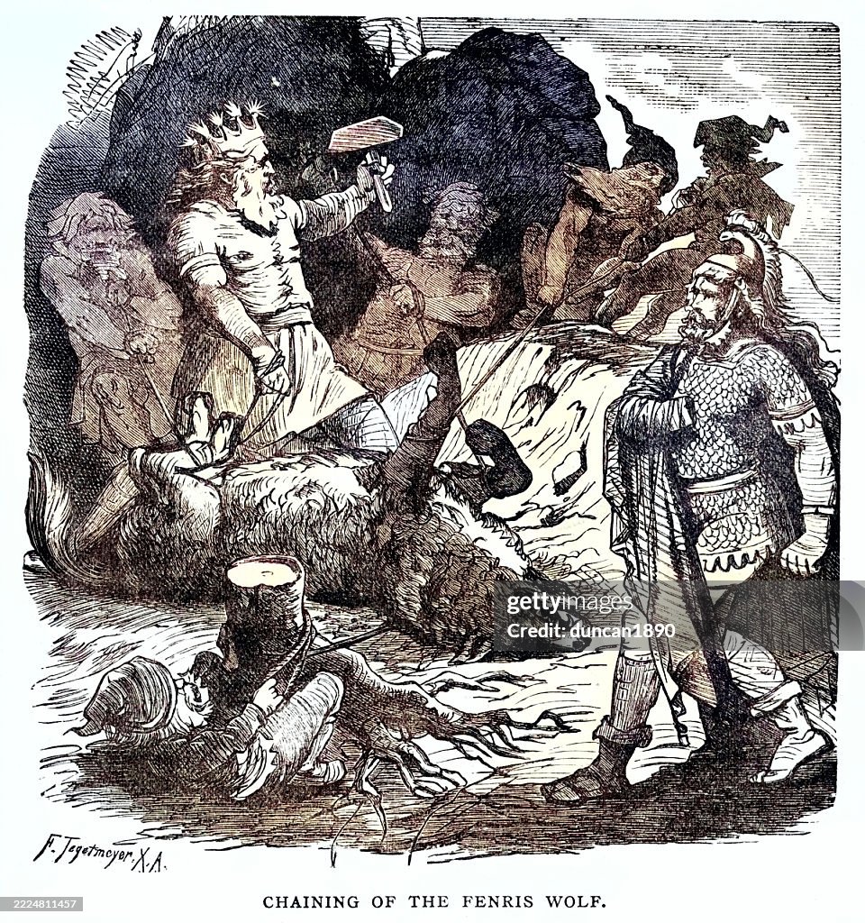 Norse Mythology, Vintage illustration Fenris Wolf
