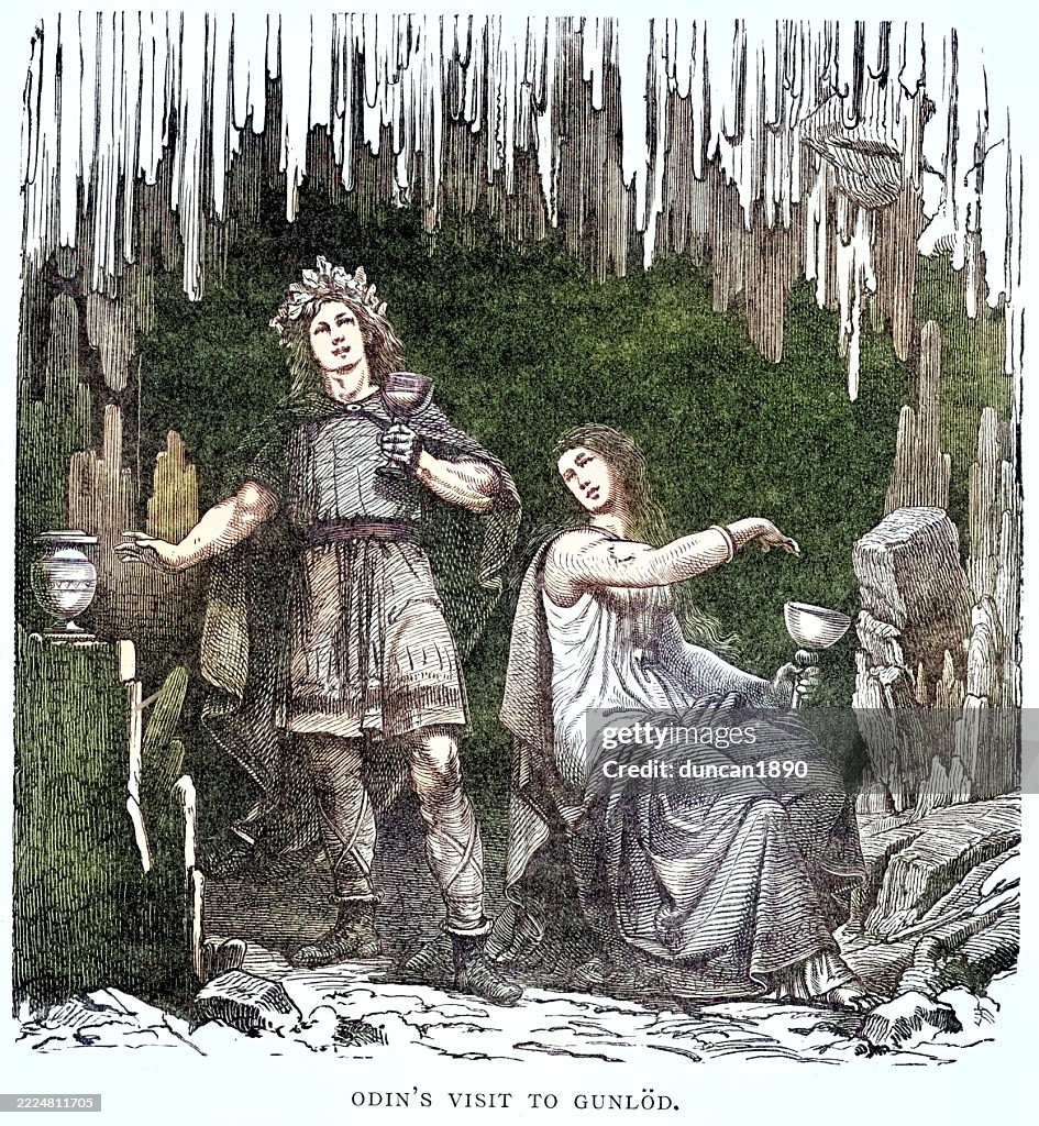 Norse Mythology, Vintage illustration, Odin's Visit to Gunlod