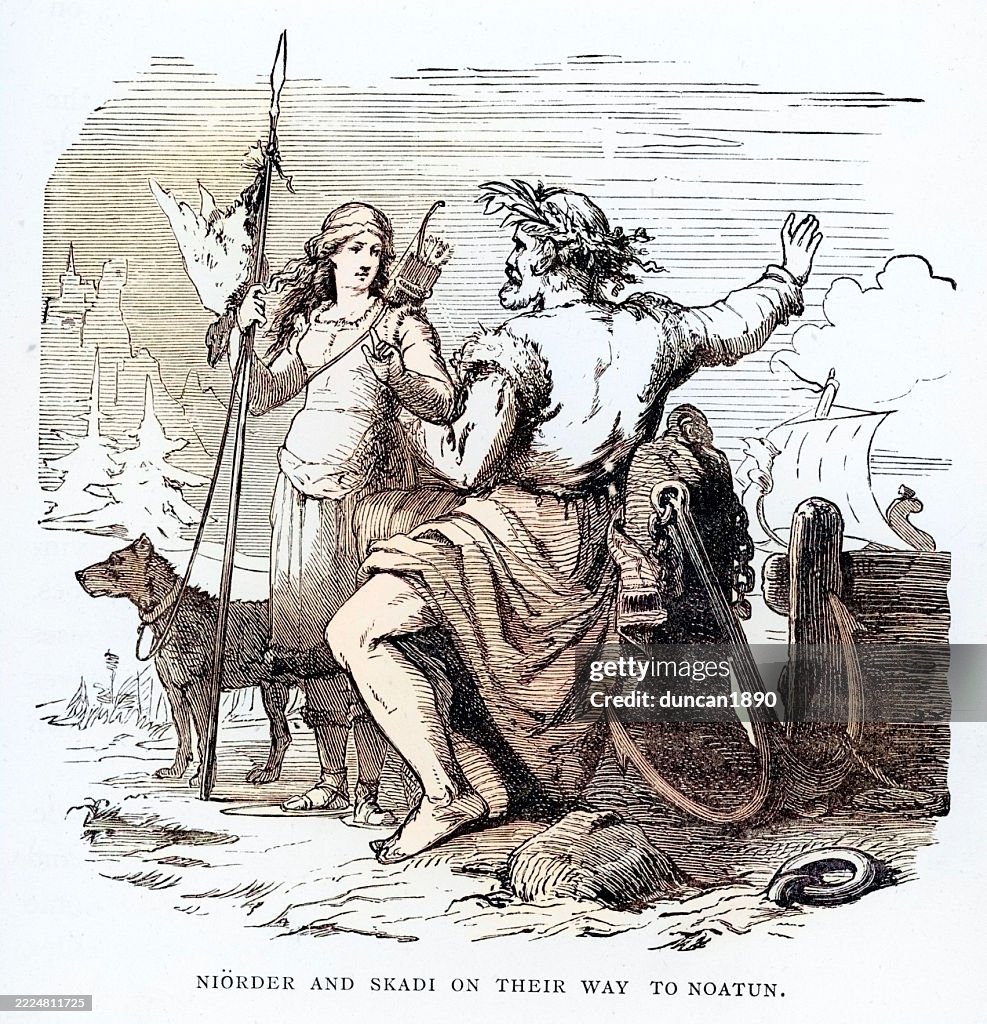 Norse Mythology, Vintage illustration, God, Goddess, Niorder and Skadi