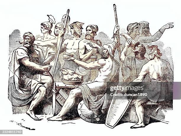 illustrations, cliparts, dessins animés et icônes de mythologie nordique, illustration vintage, condamnation de loki - repas entre amis