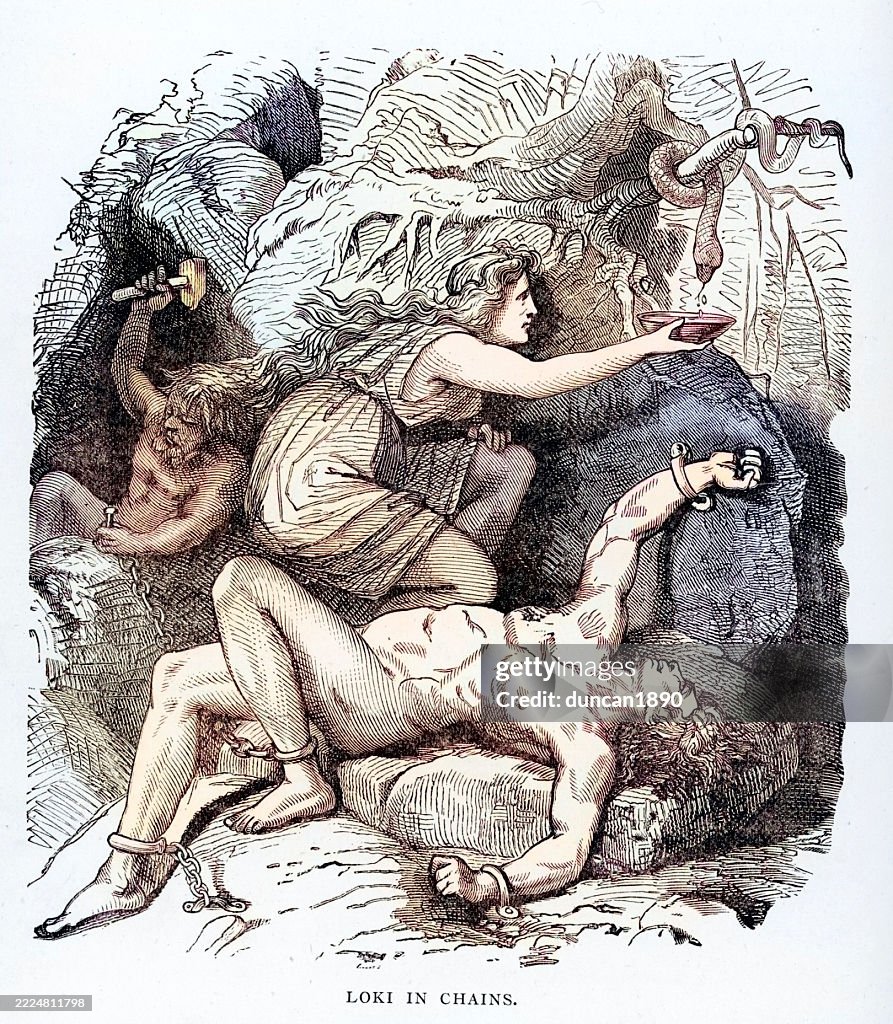 Norse Mythology, Vintage illustration, Loki in Chains, Poison, Wife, Devotion