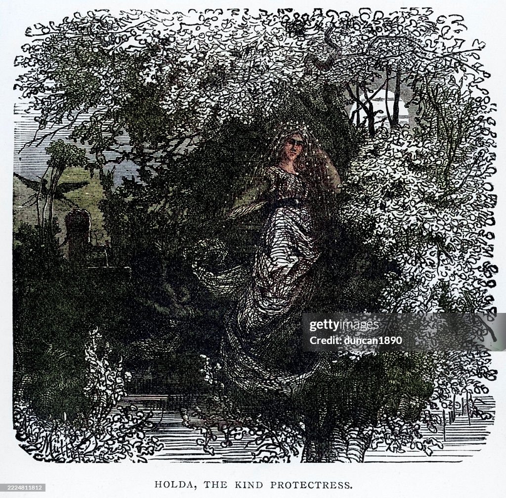 Norse Mythology, Vintage illustration, Holda The Kind Protectress