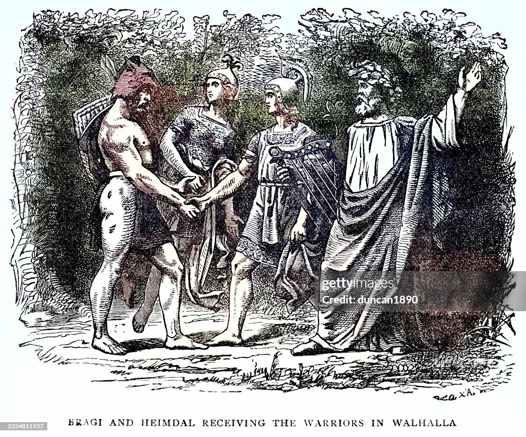 Norse mythology, Vintage illustration, Warrior. Valhalla, Bragi and Heimdal