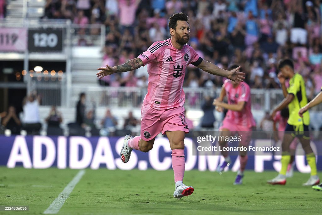Inter Miami Chain Lionel Messi of Inter Miami CF celebrates after scoring the team's ...