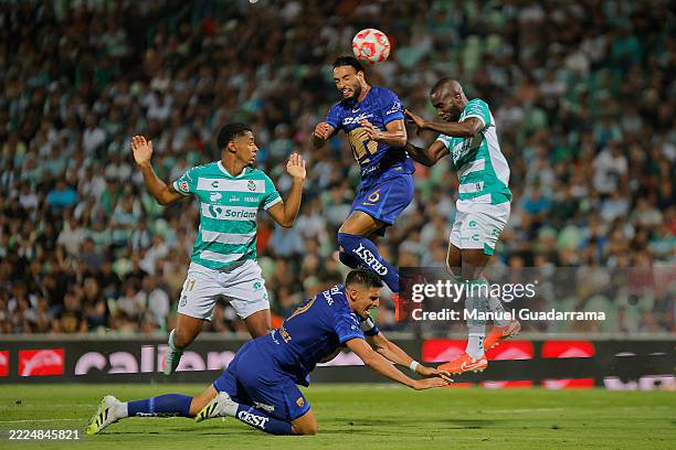Nathan Silva of Pumas and Kevin Balanta of Santos jump for the ball during the 1st round match between Santos Laguna and Pumas UNAM as part of the...