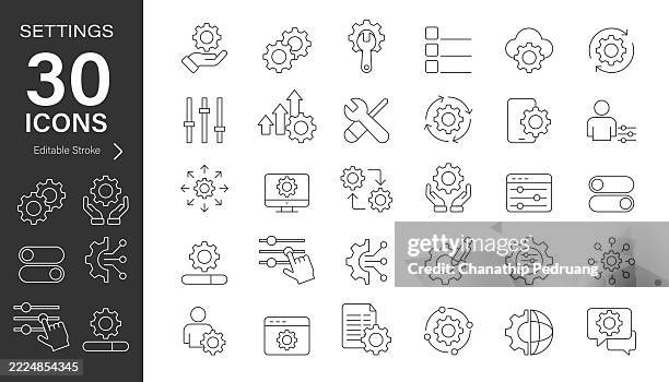 ilustraciones, imágenes clip art, dibujos animados e iconos de stock de conjunto de iconos de vector de línea de configuración. píxel perfecto. trazo editable. ilustración de archivo. símbolo de icono, servicio, controles, personalizado - actualización de software