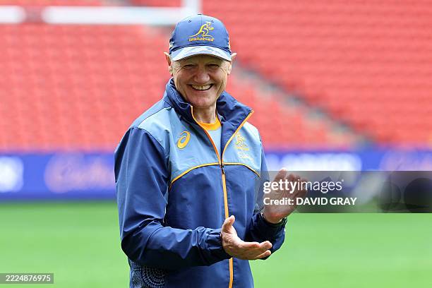 Australia's head coach Joe Schmidt directs the team during the captain's run in Brisbane on July 18 ahead of their first rugby Test match against the...