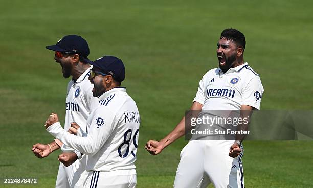 India bowler Mohammed Siraj and team mates celebrate the wicket of England batsman Ollie Pope after a review during day four of the Third test match...