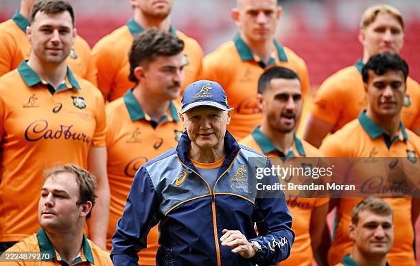 July 2025; Head coach Joe Schmidt during an Australia rugby squad captain's run at Suncorp Stadium in Brisbane, Australia.