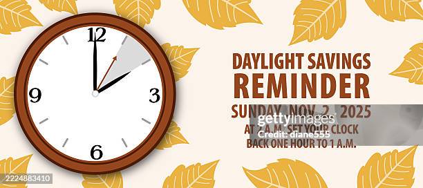 fall back clock - daylight savings time ends nov 2, 2025 web banner - fall back stock illustrations