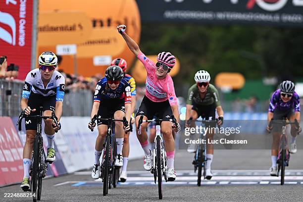 Elisa Longo Borghini of Italy and UAE Team ADQ - Pink Leader Jersey celebrates at finish line as overall race winner during the 36th Giro d'Italia...