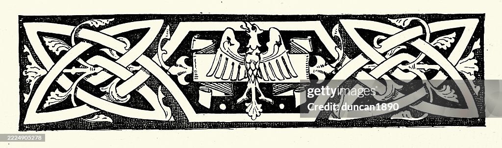 Eagle with spread wings, entwined pattern, design element, Vintage illustration