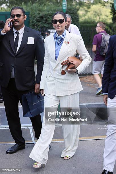 Sonam Kapoor arrives at day fourteen of the Wimbledon Tennis Championships at the All England Lawn Tennis and Croquet Club on July 13, 2025 in...