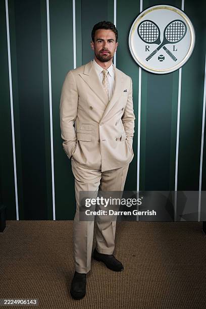 Theo James, wearing Ralph Lauren, attends the Ralph Lauren Suite during The Championships, Wimbledon at All England Lawn Tennis and Croquet Club on...