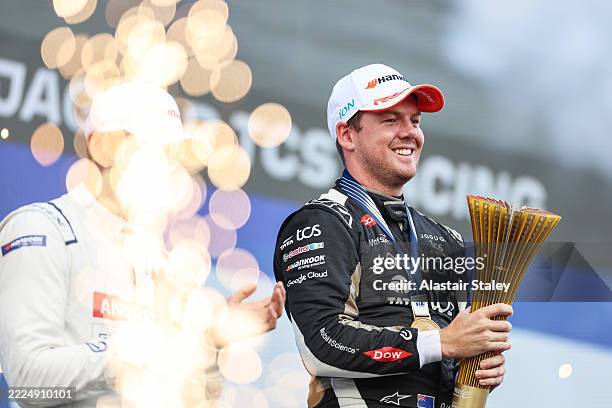 Race winner Nick Cassidy of New Zealand and Jaguar TCS Racing celebrates on the podium during the Berlin E-Prix, Round 14 of the 2025 FIA Formula E...