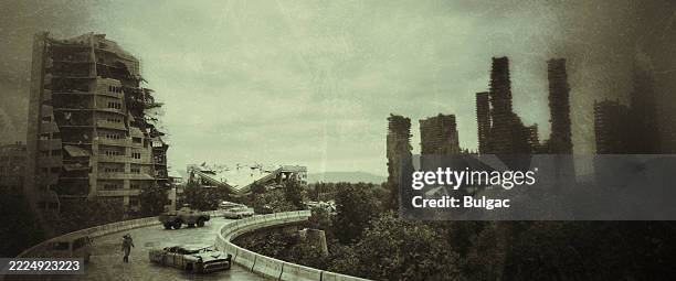 post-apocalyptic cityscape with ruined buildings and abandoned vehicles - rubble stock pictures, royalty-free photos & images