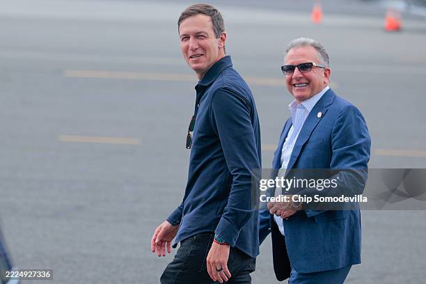 Businessman and former Senior Advisor to the President Doanld Trump Jared Kushner and U.S. Special Envoy to the Middle East Steve Witkoff chat on the...