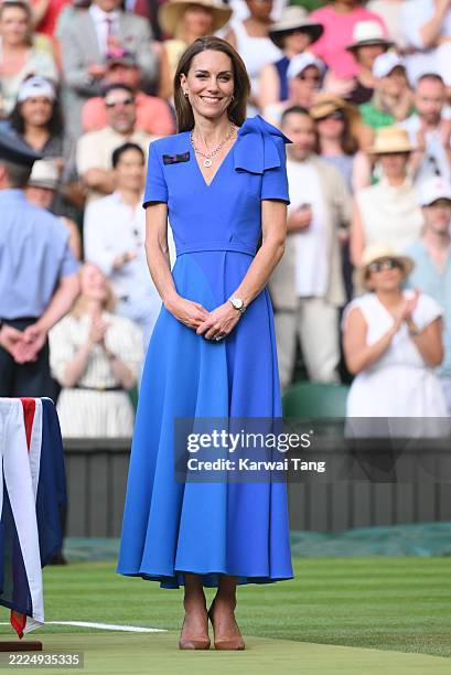 Catherine, Princess of Wales attends day fourteen of the Wimbledon Tennis Championships at the All England Lawn Tennis and Croquet Club on July 13,...