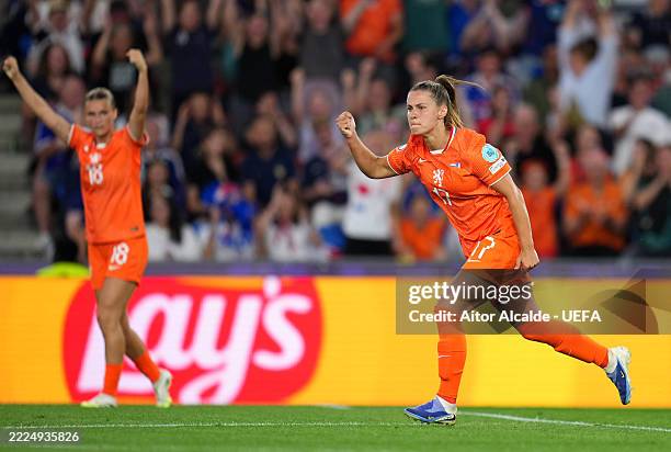 Victoria Pelova of the Netherlands celebrates scoring her team's first goal during the UEFA Women's EURO 2025 Group D match between Netherlands and...