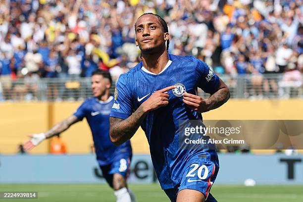 Joao Pedro of Chelsea FC celebrates scoring his team's third goal during the FIFA Club World Cup 2025 Final match between Chelsea FC and Paris...