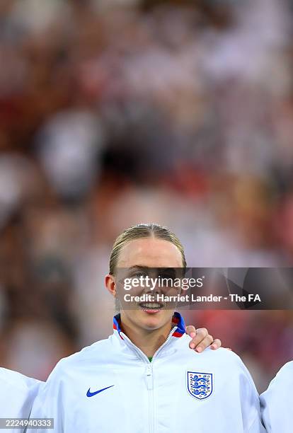 Hannah Hampton of England looks on during the national anthem prior to the UEFA Women's EURO 2025 Group D match between England and Wales at Arena...