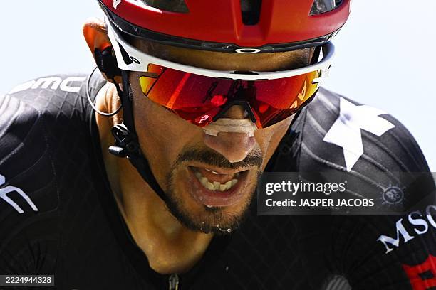 French Julian Alaphilippe of Tudor Pro Cycling Team pictured at the finish of stage 13 of the 2025 Tour de France cycling race, an 11km individual...