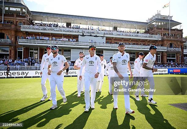 England captain Ben Stokes leads out his team during day four of the 3rd Rothesay Test Match between England and India at Lord's Cricket Ground on...