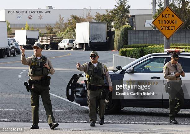 County Sheriff's deputies outside the Biscailuz Center Academy Training center, where three deputies were killed during a training accident on Friday...
