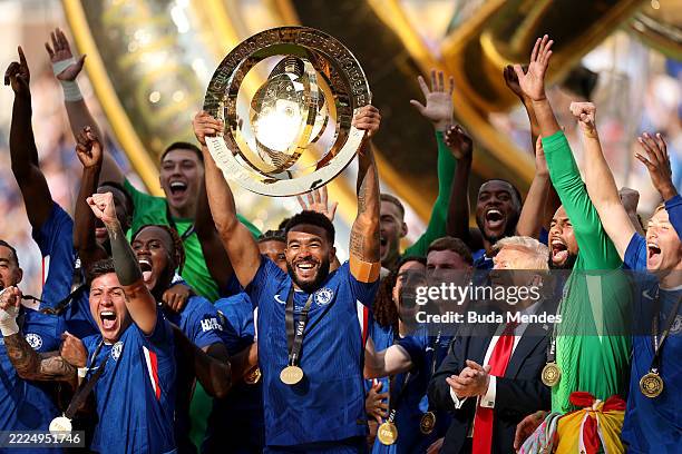 Reece James of Chelsea FC lifts the FIFA Club World Cup trophy after their team's victory following the FIFA Club World Cup 2025 Final match between...