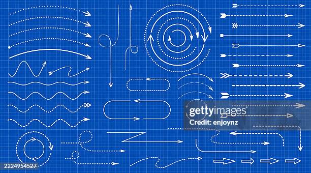 stockillustraties, clipart, cartoons en iconen met blueprint arrows on graph paper - blauwdruk