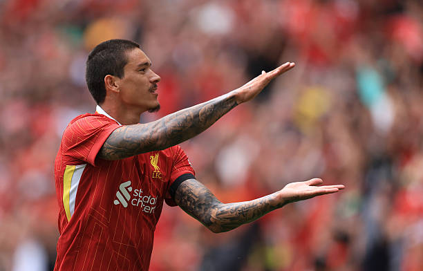 Darwin Nunez of Liverpool celebrates after scoring a goal to make it 0-2 during the pre-season friendly match between Preston North End and Liverpool...