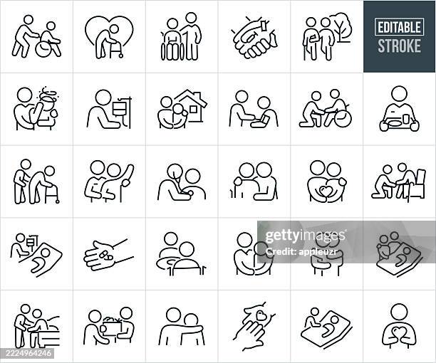 caregiver thin line icons - editable stroke - icons include family, home health, senior, elderly person, assistance, care, nurse, daily living, patient - nursing home stock illustrations